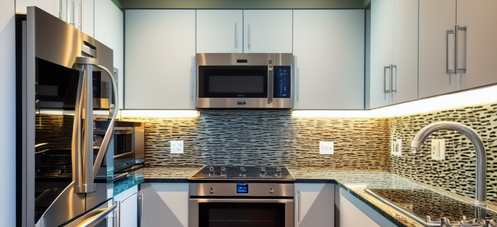 newly renovated modern kitchen showcasing the innovative design, rich textures, vibrant colors, stainless steel appliances, marble countertops, contemporary fixtures and soft lighting.