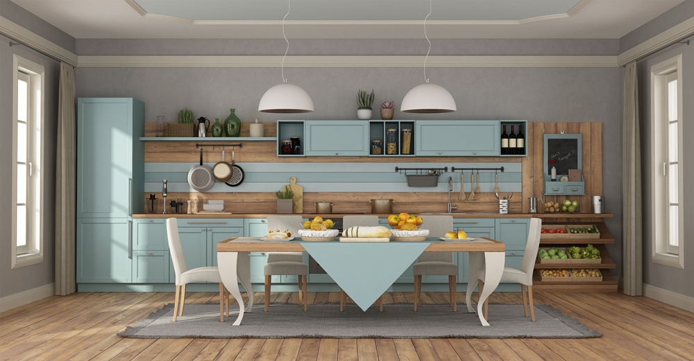 Pale blue classic kitchen with a dining table, open shelves and light wood flooring