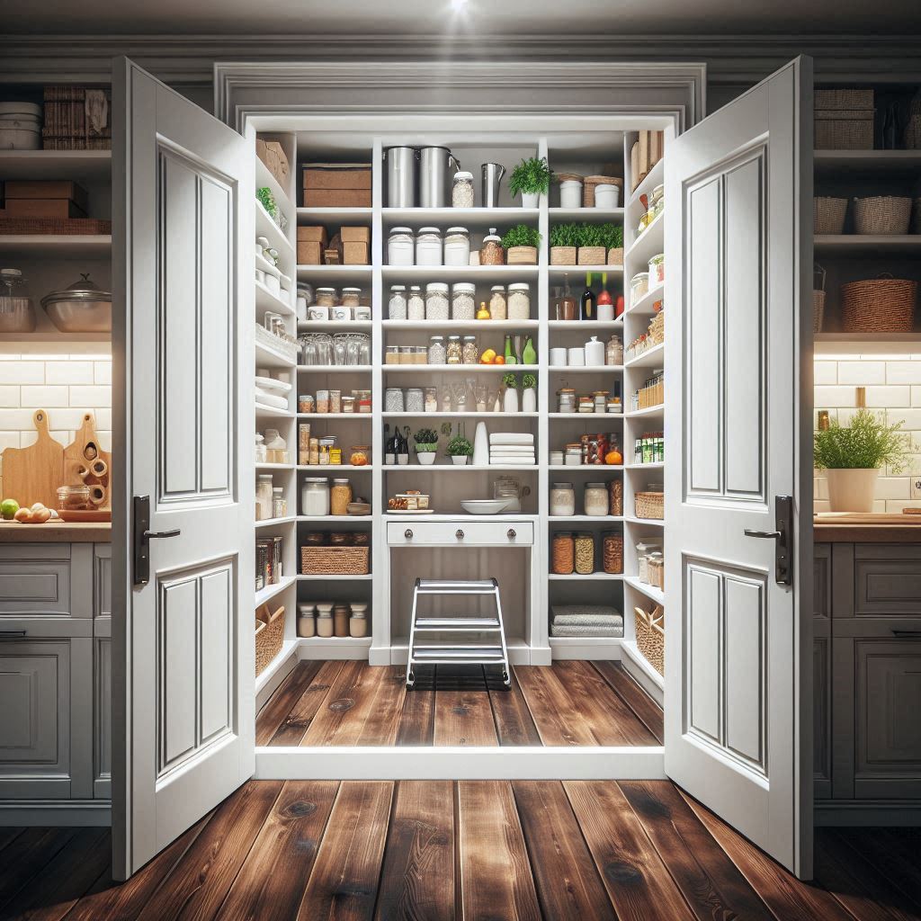 Tall pantry with both doors open showing stocked shelves