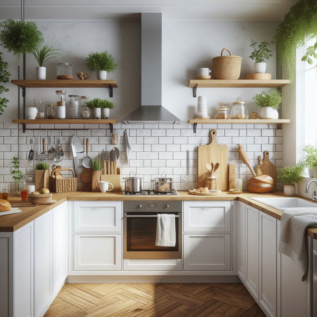 Compact white kitchen with timber open shelving and a subway tile backsplash