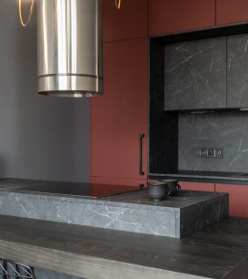 Compact kitchen island in a small open-plan kitchen