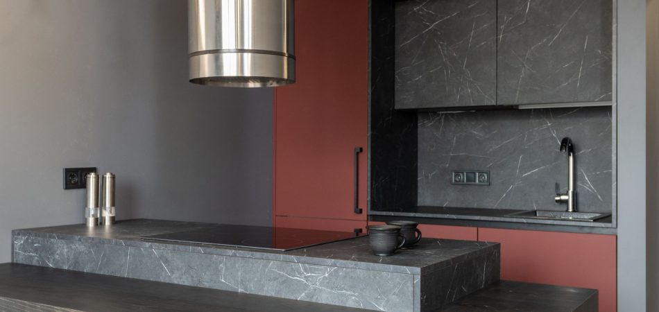 Compact kitchen island in a small open-plan kitchen