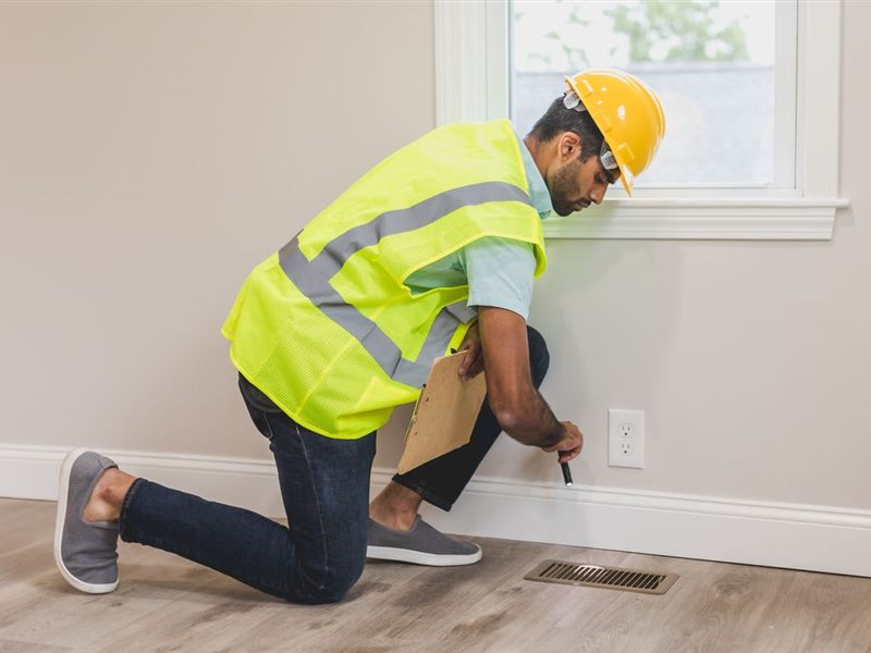 Contractor in a hard hat inspecting a wall outlet during a remodel